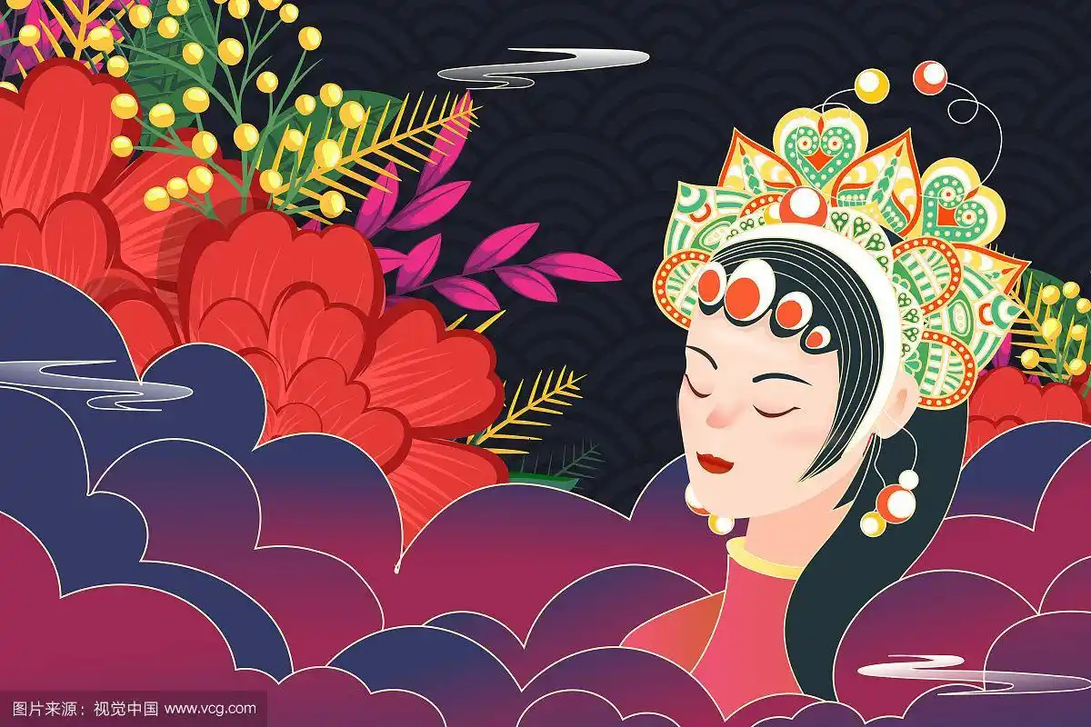 卡通国潮花旦京剧唱戏女人中国风背景矢量插画