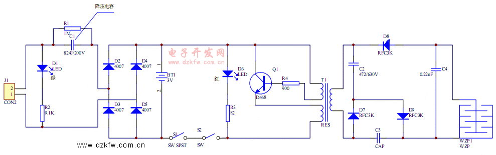 可充电式电蚊拍电路图