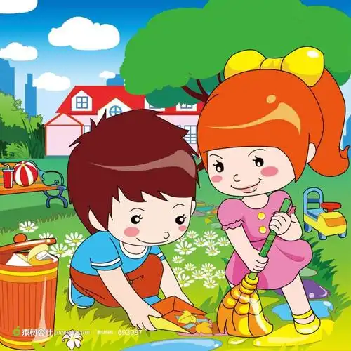 正在打扫卫生的男孩女孩儿童卡通插画