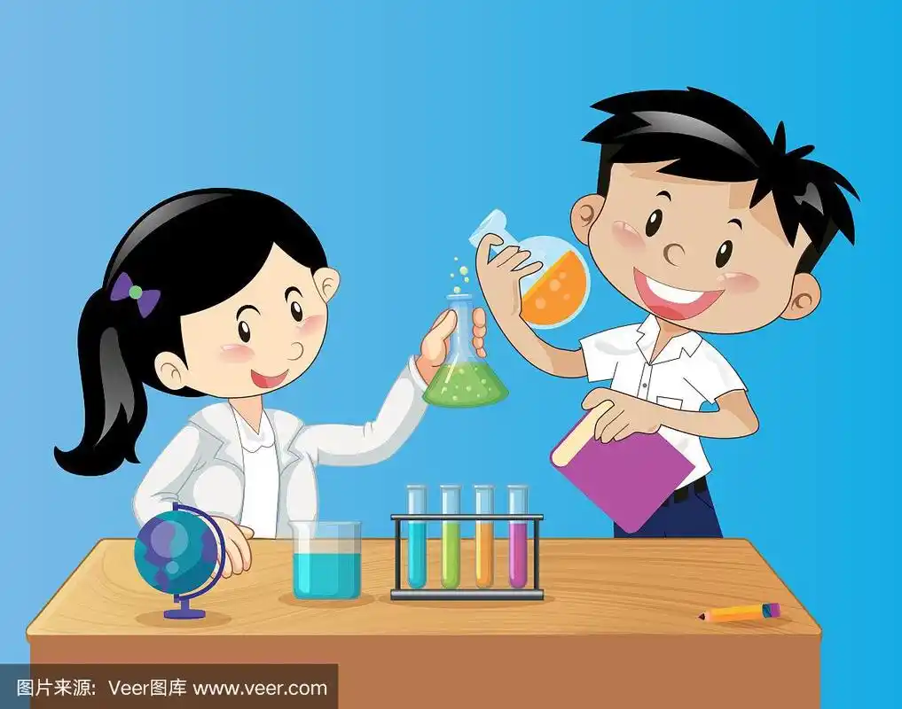 两个孩子在实验室里做科学实验,蓝色背景