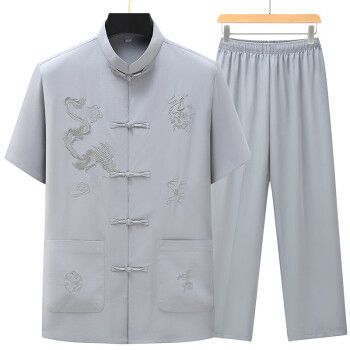 ygrp中老年唐装男士爷爷夏季短袖老人衣服中国风麻料套装爸爸夏装衬衫