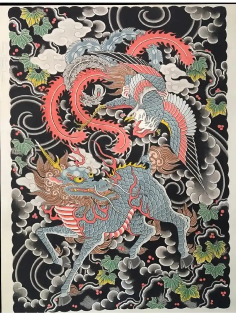 日式老传统麒麟纹身手稿