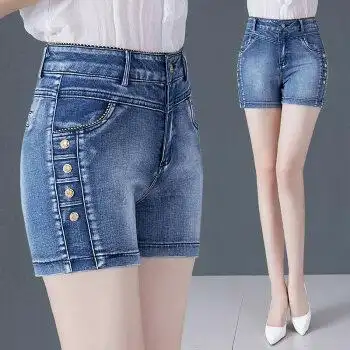 中年女性穿的牛仔短裤女士土牛子夏天外穿宽松夏季裤衩大裤头女装蓝色