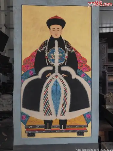 民国精品纯手绘老粗布五彩描金大清十二帝画像之末代皇帝宣统帝全品满