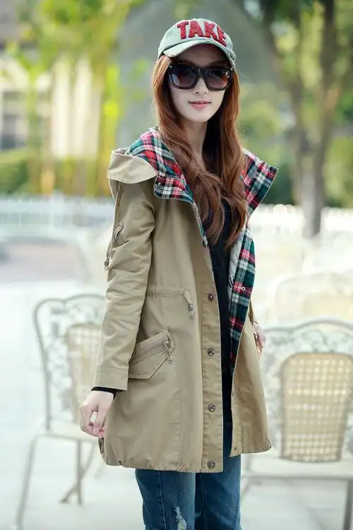 忻怿2013秋装新款带帽风衣中长款休闲长袖外套女f3392 姜黄色 m