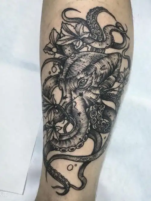 小腿点线章鱼纹身_纹身图案手稿图片_雯雯的纹身作品集