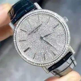 二手vc江诗丹顿满天星白金镶钻背透手动机械男表