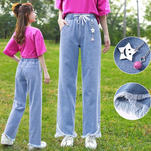 少女孩大童牛仔裤子11-14-16岁春秋装高初中学生宽松显瘦阔腿长裤