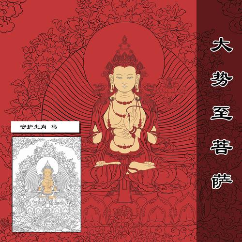 唐卡绘画材料线稿八大守护属马的守护神大势至菩萨唐卡涂色挂画稿