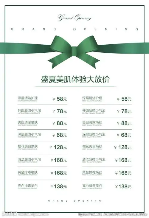 价格表模板价格表活动价格表美容价目表高端价格表皮肤管理价目表图片