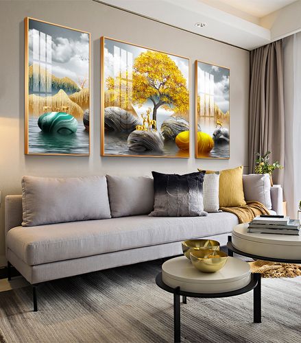 时来运转沙发背景墙三联客厅装饰画简约挂画瓷画招财现代装饰画