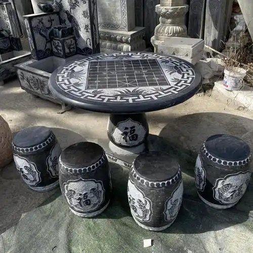 大理石棋盘桌子圆桌 青石石桌石凳古典石雕桌椅庭院现货优惠厂家