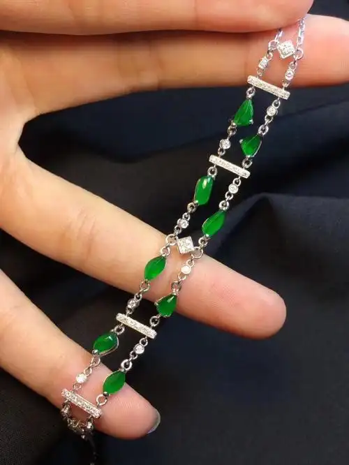 缅甸天然a货翡翠玉手链玻璃老坑种帝王绿手链18k金镶嵌钻石手链女