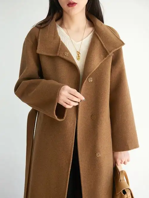 高端山羊绒大衣女新款真皮扣领口系带深咖啡色双面羊绒双面呢外套
