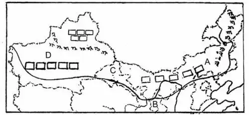 完成下列要求: (1) 在图上 画出西北地区的范围界线 (2) 把图中字母所