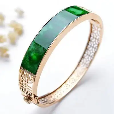 纯天然a货18k金镶花青片翡翠手镯内径56.