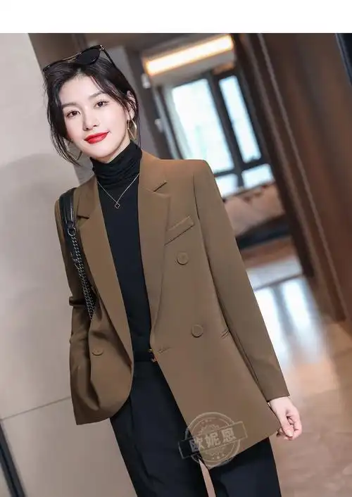 咖啡色西装外套女秋冬气质女神范洋气感双排扣小西服上衣长袖 黑色