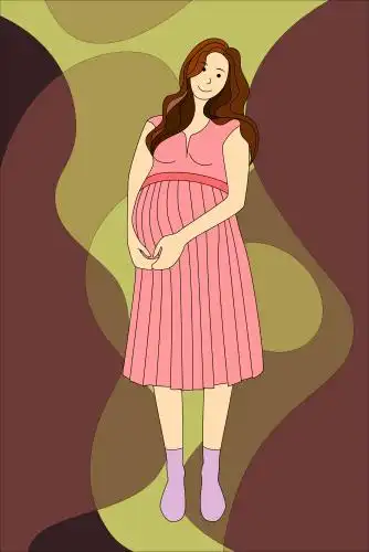 怀孕的长发女孩站姿矢量插画,长发裙装孕妇