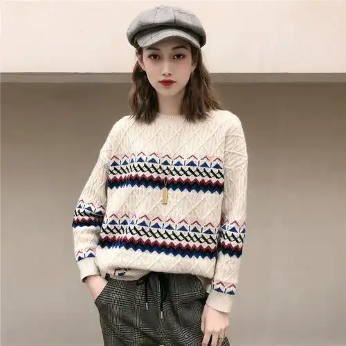 慵懒风拼色条纹针织衫2021春季新款宽松圆领毛衣毛衣