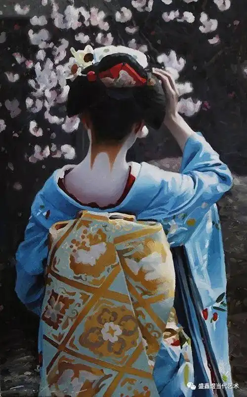 油画:穿和服的日本女人
