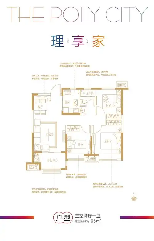保利城保利城理享家户型-3室2厅1卫,建筑面积约95.0㎡
