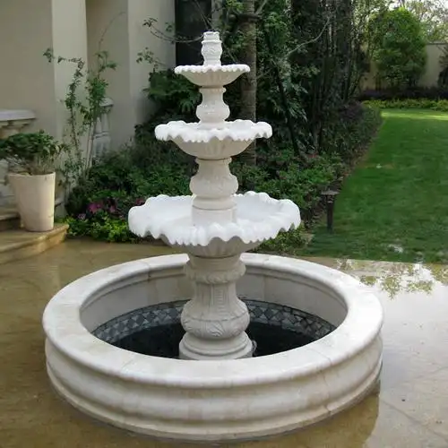 欧式汉白玉三层石雕喷泉 景观水池石雕喷泉 石雕喷泉安装设计