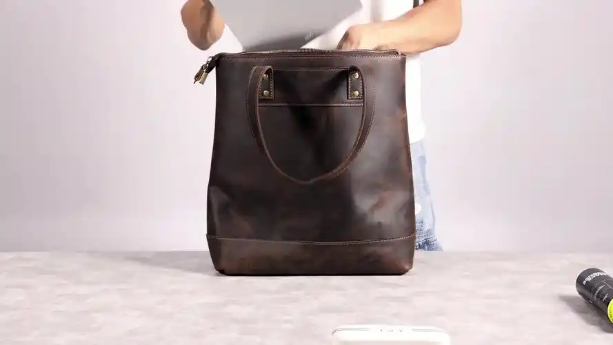 大容量托特包 真皮男女通用复古手提包皮包新款疯马皮单肩包 跨境