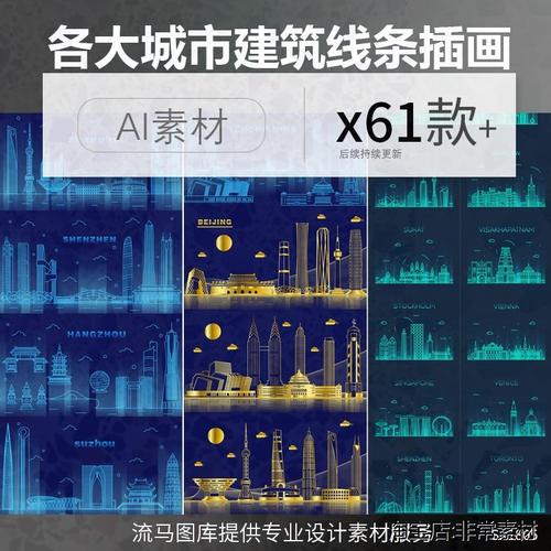 矢量素材中国各大知名城市地标建筑简约线稿创意插画世界ai线条