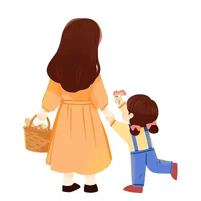 母亲牵孩子背影卡通人物母亲节png素材