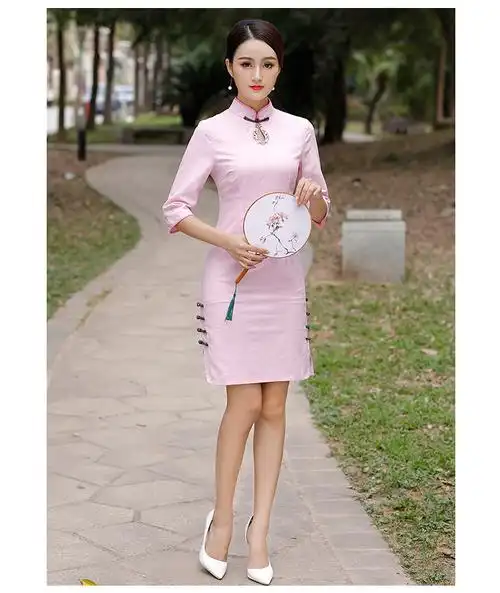 华之韵琵琶襟手工扣撞色绣花中式旗袍