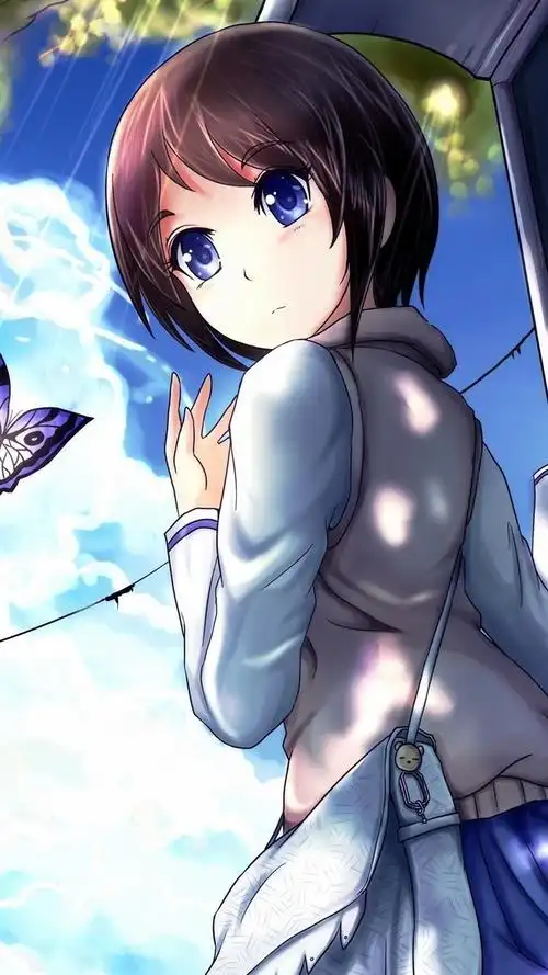 蓝色的眼睛动漫女孩回头看,蝴蝶,街道,云 iphone 壁纸