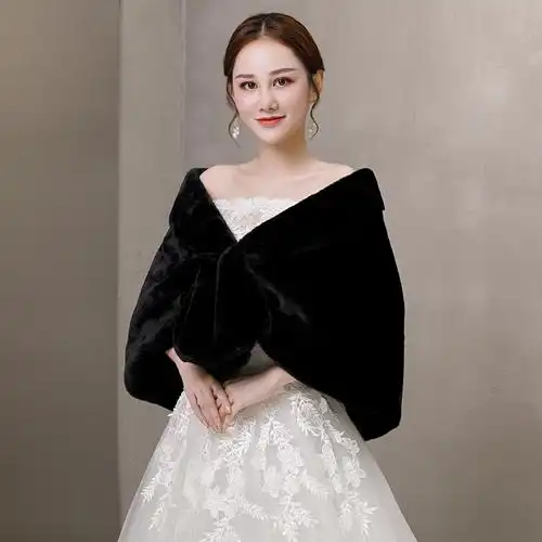 新娘婚纱披肩长袖外套斗篷大码结婚伴娘礼服毛披肩保暖加厚冬季黑