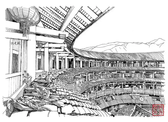土楼建筑写生作品一组