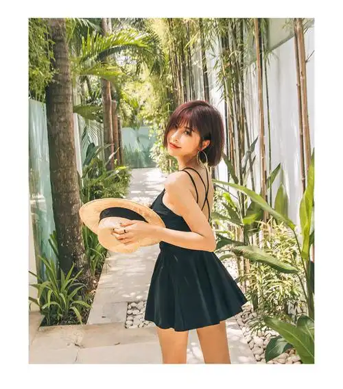 连体平角泳衣纯欲风性感保守显瘦遮肚露背时尚温泉沙滩度假泳装 - 17