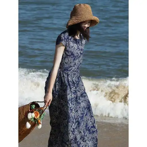 素订女装旗舰店高端女装短袖棉麻连衣裙夏季印花显瘦收腰中长裙