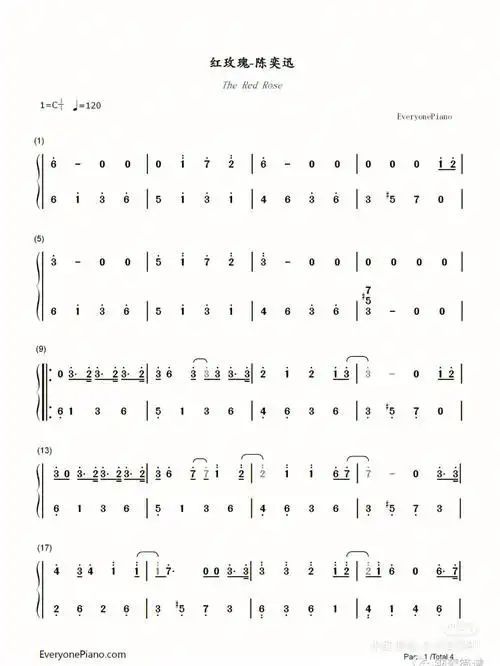 陈奕迅红玫瑰钢琴简谱78