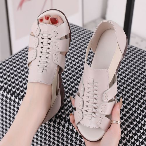 头层牛皮罗马鞋夏真皮妈妈凉鞋牛筋底软底中年女鞋松紧带平底凉拖