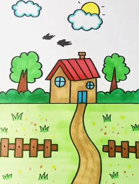春天房子风景简笔画,简笔画,画画教程,儿童简笔画-度小视