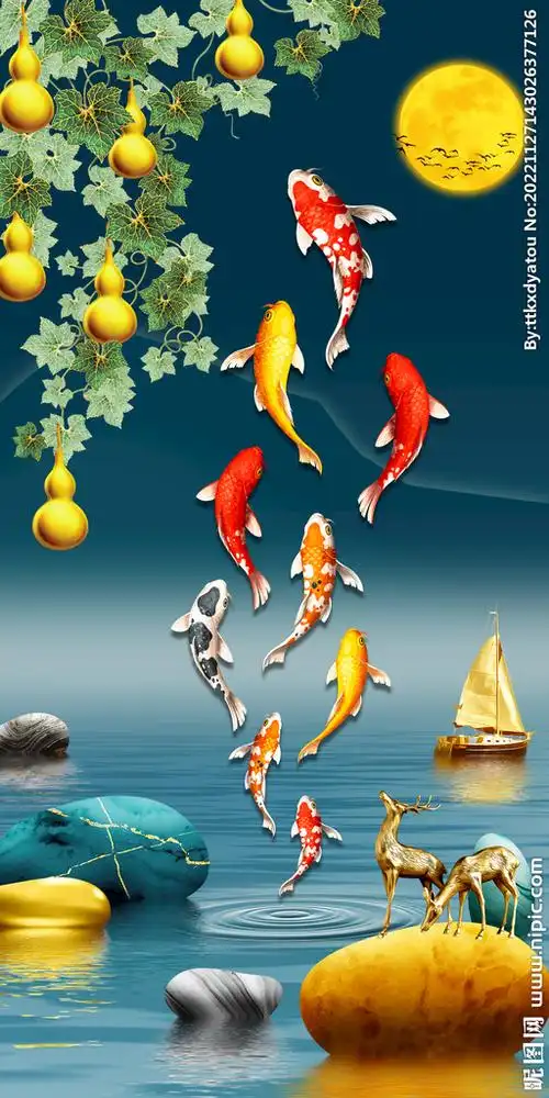 轻奢九鱼图年年有鱼麋鹿山水装饰