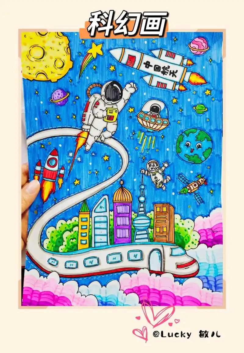 儿童画～科幻主题画(已参赛) 画了两个背景颜色也不知道哪 - 抖音