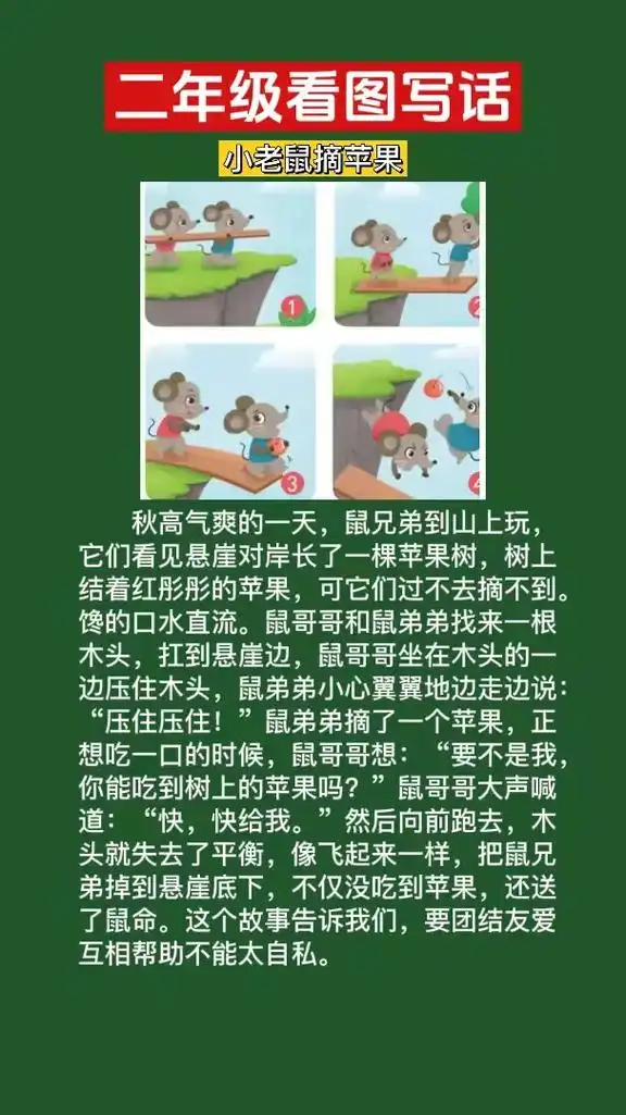 小老鼠摘苹果看图写话图片和范文,两只老鼠在悬崖边摘苹果的看图 - 抖