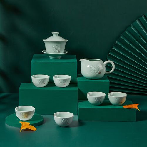 恒福哥窑古意盖碗半组功夫茶具家用送礼整套盖碗套组一盖碗一海六杯