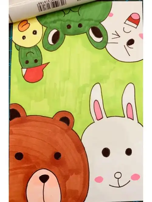 布朗熊和可妮兔卡通画,马克笔步骤图(快乐的一天)