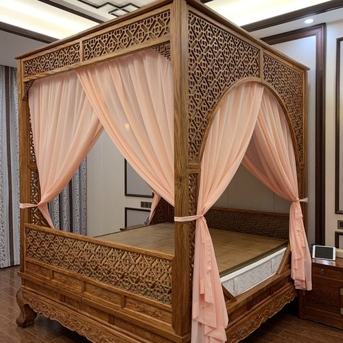 中式床仿防蚊装饰柔肤牙色真丝架子明清洞拔步床幔