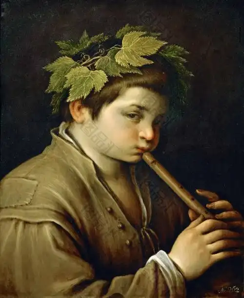 吹笛子的小男孩油画素材