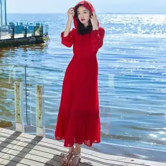 ilvy三亚海边度假沙滩裙大红色连衣裙沙漠红裙子青海湖旅游拍照长裙女