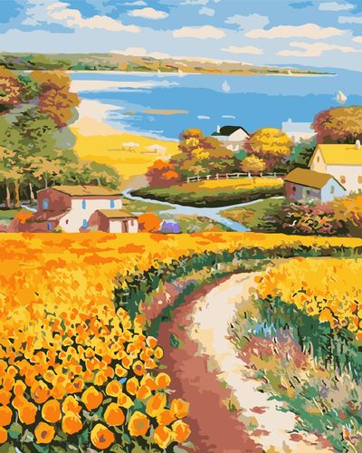 diy数字油画自己填色材料包春天山坡上盛开蔷薇水仙花海装饰画