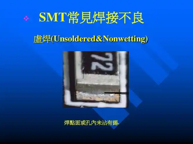 smt常见焊接不良 虚焊(unsoldered&nonwetting) 焊点面或孔内未沾有锡