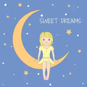 个 坐在月亮上的漂亮小女孩. 甜蜜的梦. 贺卡. t恤的图形.
