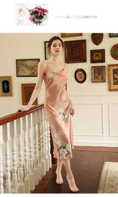 hkmr长裙新国风旗袍吊带春秋夏仿真丝定位印花礼服缎面贡缎睡裙睡衣